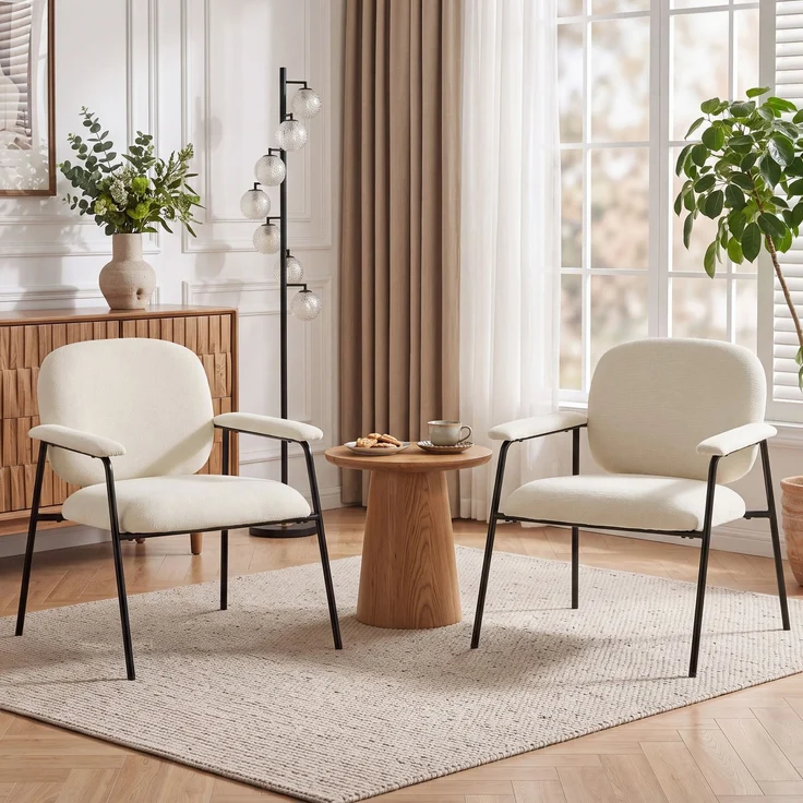 Wohnora-Set aus 2 Lounge-Sesseln, Chenille-Akzentstühle mit konturierter Rückenlehne, gepolsterten Armlehnen, Creme,H 765cm x T 670cm x B 640cm – Bild 3