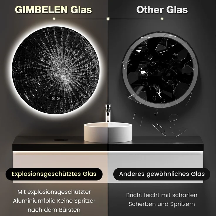 GIMBELEN LED Badezimmerspiegel 60 cm, runder Wandspiegel mit Beleuchtung für Badezimmer, 3 Lichtfarben (3000K/4000K/6500K), dimmbar, Touch-Schalter, Speicherfunktion, IP44, explosionssicheres Glas, rahmenloses Design, Aluminium, Weiß – Bild 3