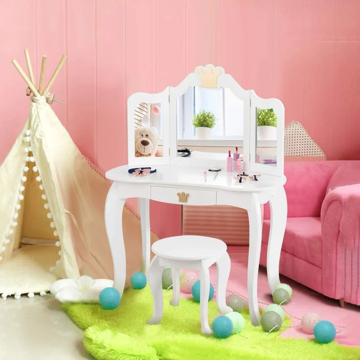 COSTWAY Kinder Schminktisch mit Hocker, Schublade & abnehmbarer Spiegel, Holz weiß, 42 x 80 x 106 cm – Bild 1