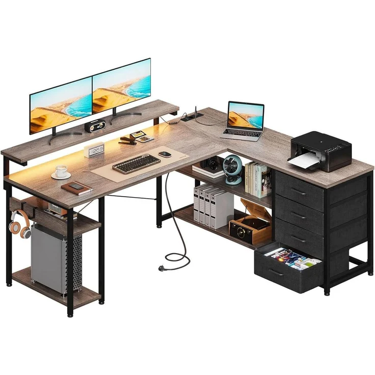ODK Gaming Schreibtisch L Form LED USB Steckdosen Graueiche – Bild 1