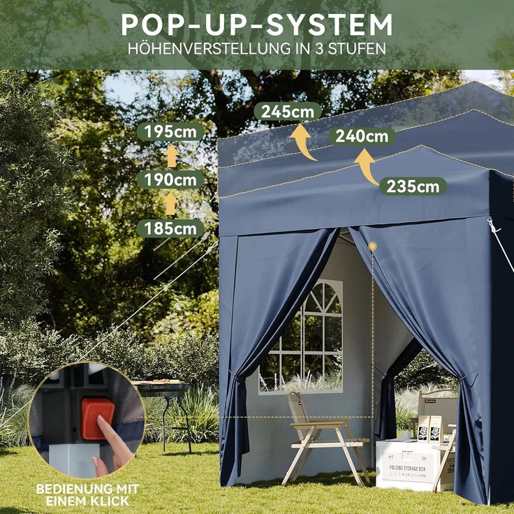 Aoxun Pop Up Pavillon 2x2m Wasserdicht mit 4 Seitenwänden, Metallrahmen-Schutzzelt, Höhe Verstellbar, Faltpavillon 2x2 mit Tragetasche für Camping Party, Blau – Bild 6