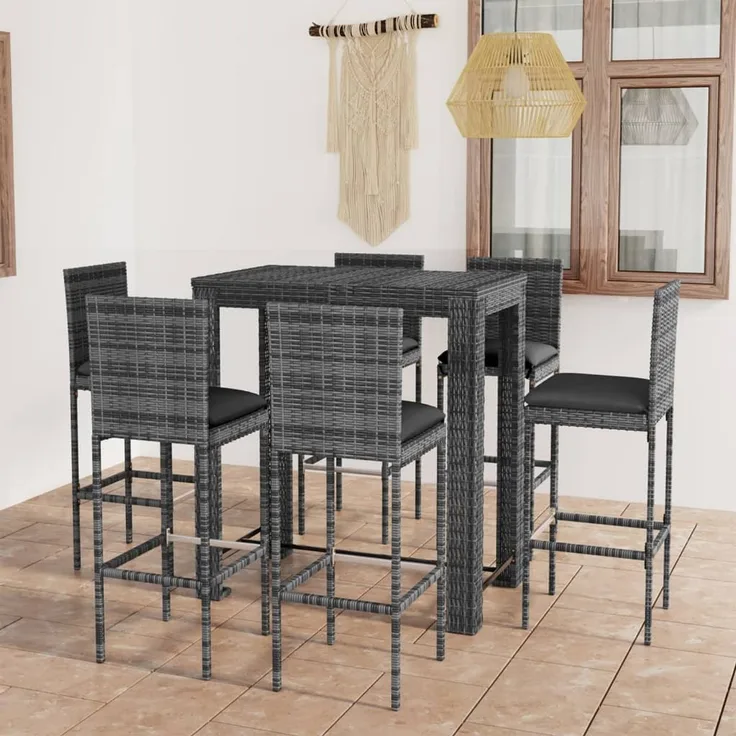 vidaXL 7-tlg. Gartenbar-Set mit Kissen Poly Rattan Grau 3064799