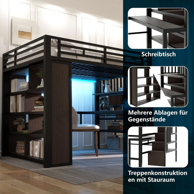 Hochbett mit RGB LED-Streifen, Schreibtisch, Bücherregal, Lattenrost, Treppe, Rausfallschutz, 140x200cm, Metallbett, Kinderbett – Bild 6