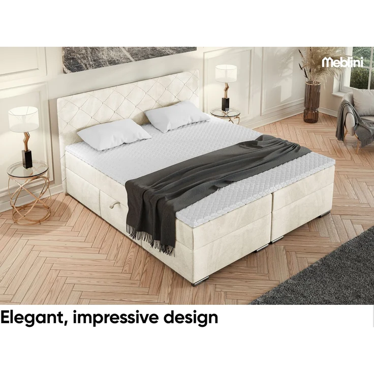 MEBLINI Boxspringbett MALDINI 160x200cm - H3P/Creme Samt - mit Bettkasten - Polsterbett - Doppelbett mit Topper & Taschenfederkern-Matratze – Bild 4
