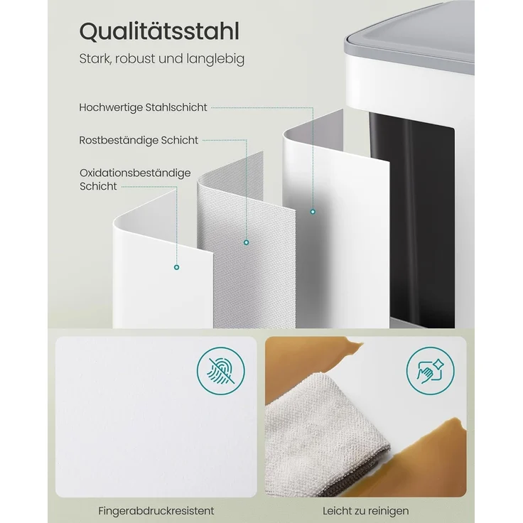 SONGMICS Mülleimer Küche, 2 x 30 Liter, 2 Fächer, Abfalleimer, Tretmülleimer, Küchenmülleimer mit Softclose-Deckel und Inneneimer, Stahl, inklusive 15 Müllbeutel – Bild 7