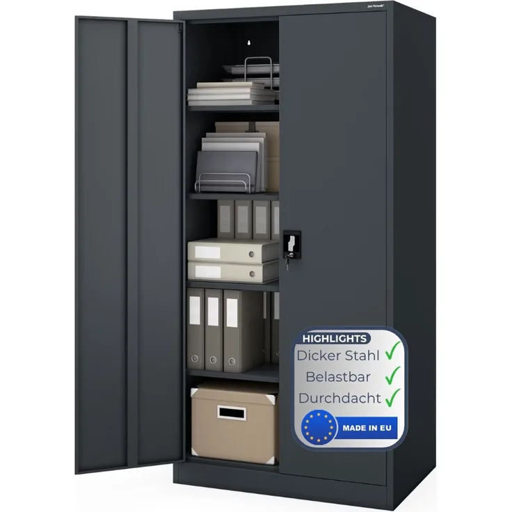 Aktenschrank abschließbar KADO - 5 Ebenen verstellbar, Flügeltüren | Metallschrank Werkstatt Mehrzweckschrank Büroschrank aus Stahl Werkzeugschrank, 185 x 90 x 60 cm Anthrazit