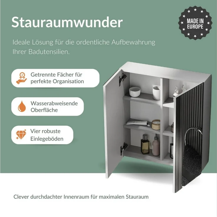 Planetmöbel Badezimmerspiegelschrank Spiegelschrank Merkur (Spiegelschrank Gäste WC 60x67x16 cm, Badschrank hängend mit Spiegel & LED-Leuchte schwarz) 60 cm breit, 2 Türen, 6 Fächer – Bild 3