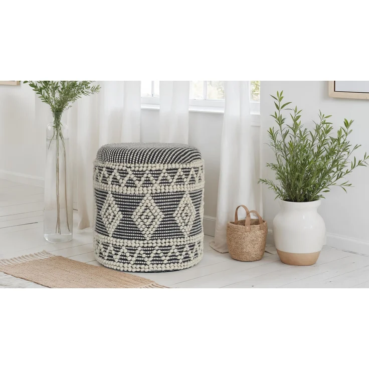 Hocker Boho Wolle Grau-Creme Ø40x45cm mit Stauraum & abnehmbarem Deckel – Bild 2