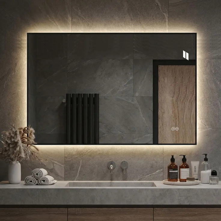 Badezimmerspiegel 50x70 cm mit Aluminiumrahmen, LED-Beleuchtung und Anti-Beschlag-Funktion