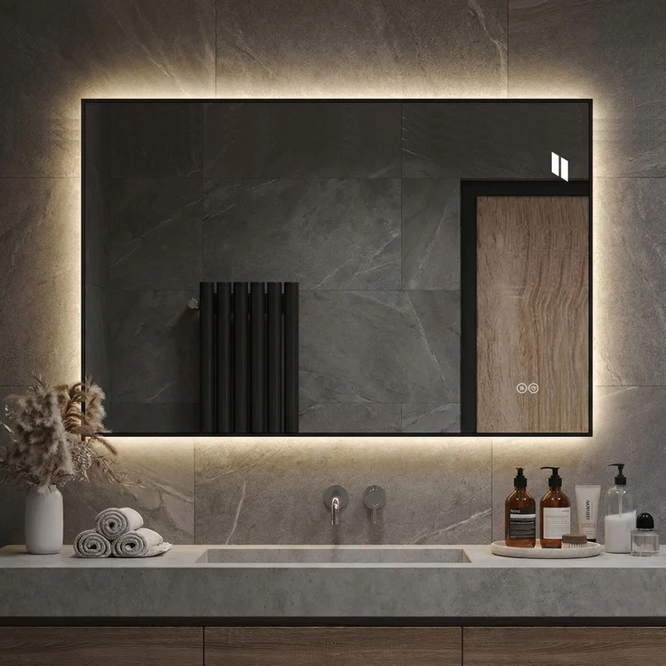 Badezimmerspiegel 50x70 cm mit Aluminiumrahmen, LED-Beleuchtung und Anti-Beschlag-Funktion – Bild 1