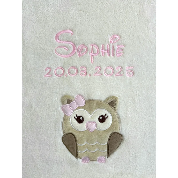 KIDDI-MEDIA Babydecke mit Name und Geburtsdatum Bestickt/kuschelig weich / 1A Qualität (Beige - Eule)