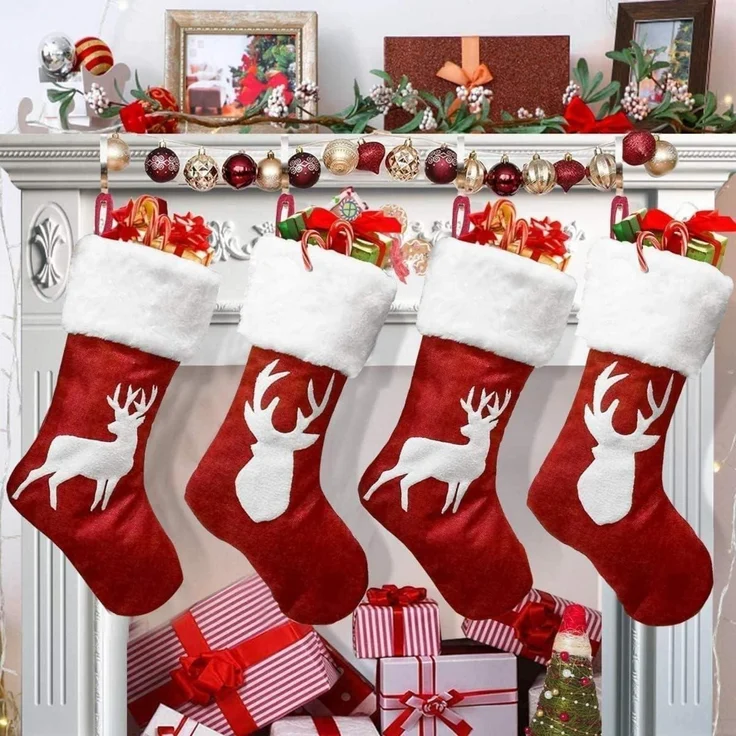 2 Stück Weihnachtsstrümpfe Rentiermuster 45x20CM groß rot – Bild 7