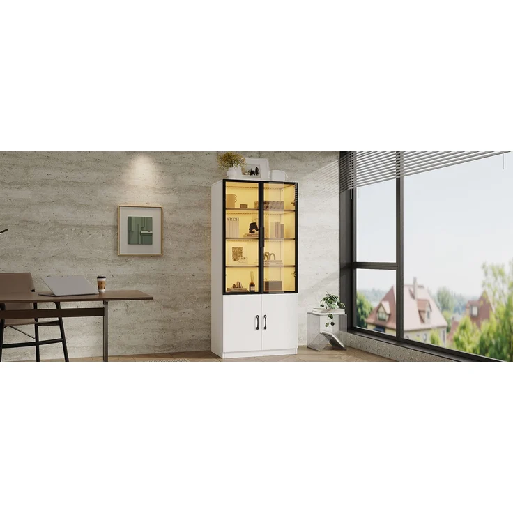 ZUBALIYA 60×40×160 cm große Vitrine mit LED-Beleuchtung – Vitrine aus Rauchglas mit Aluminiumrahmen und zwei Türen im unteren Bereich, Bücherregal, Vitrine,Sideboard – Bild 21