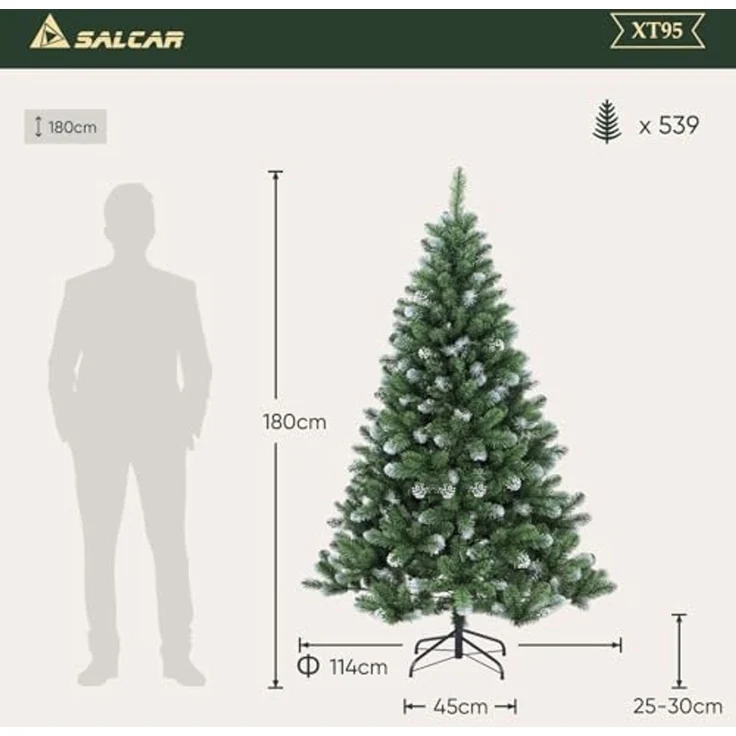SALCAR Künstlicher Weihnachtsbaum 180 cm – Tannenbaum mit schneebedeckten, runden PVC-Zweigspitzen in Tannengrün, dichter Christbaum mit stabilem Metallständer – Ideal für Weihnachtsdeko Zuhause – Bild 7