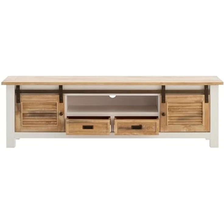 Rustikales TV-Lowboard Capera aus Massivholz Pinie 180 cm weiß braun mit Schiebetüren und Schubkästen - massivum – Bild 4