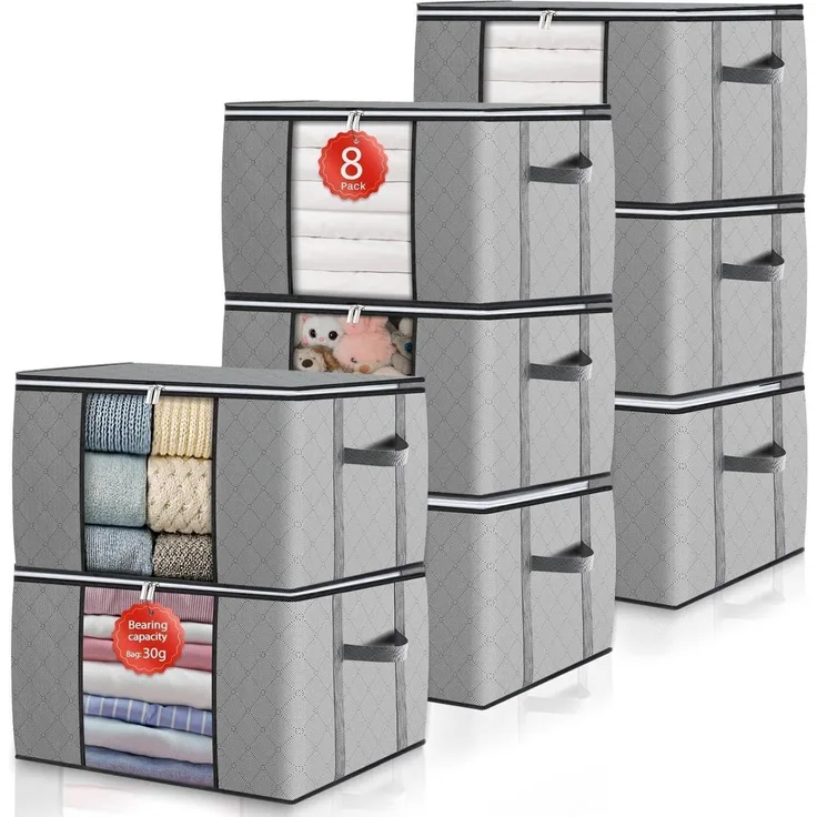GoMaihe 90L Aufbewahrungstasche 8er Set Organizer für Bettdecken Grau