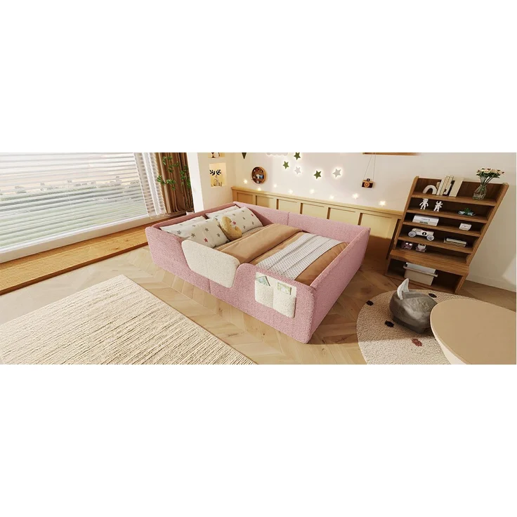 Polsterbett 140x190 cm aus Velours in Rosa mit abnehmbaren Seitengittern, ohne Matratze – Bild 8