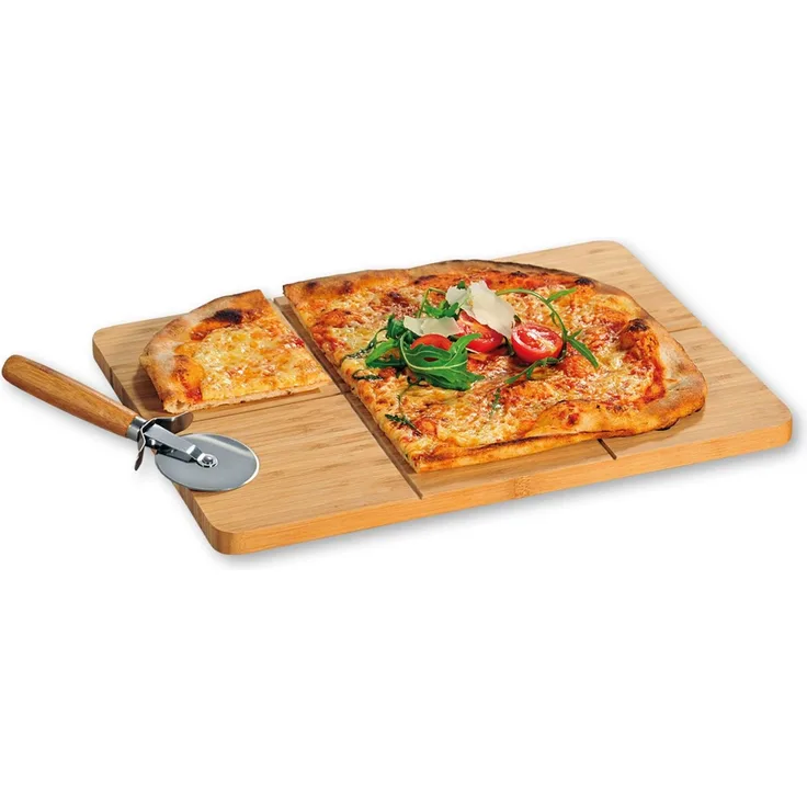 Pizza-Schneide-/Servierbrett mit Schneider - Bambus - 40 x 30cm
