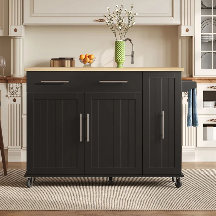 Kücheninsel aus MDF mit Klappblatt & 3-stufigem Auszug, 120x40/65x90 cm, Schwarz/Natur – Bild 5