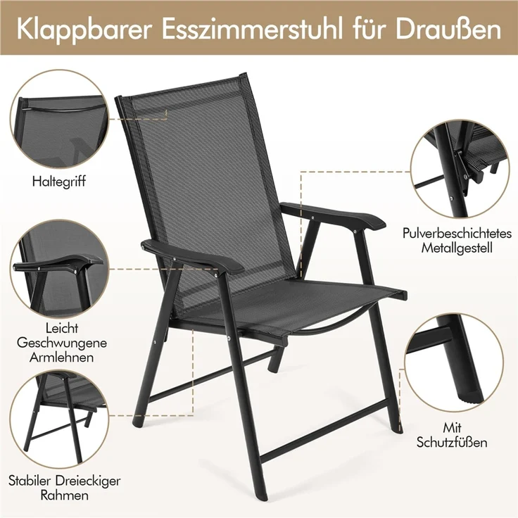 Yaheetech 2er Set Gartenstühle mit Armlehnen, klappbar, bis 150 kg, Metall Schwarz – Bild 5