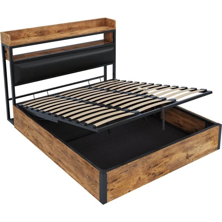 Bettrahmen 180 x 200 mit hydraulischer Hebevorrichtung, USB, gepolstertem Kopfteil, Vintage-Design aus Holz und Metall, verstecktem Stauraum Doppelbett Moderne Schlafzimmermöbel Schwarz – Bild 8