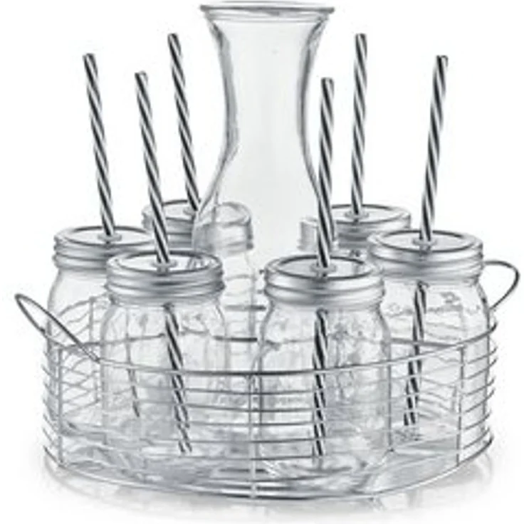 Neuetischkultur Karaffe Gläserset mit Glaskaraffe, (Set, 8-tlg, 1 Karaffe, 6 Gläser mit Deckel und Strohhalm, 1 Tragekorb) – Bild 4