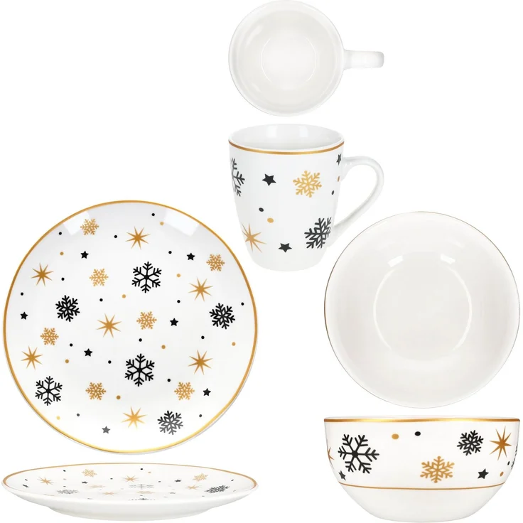 18tlg Frühstücksset Stars schwarz gold Steingut 6 Personen Teller Schale Becher – Bild 7