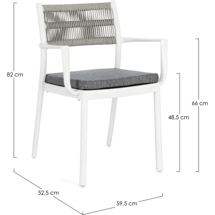 Gartenstuhl Alvin mit Armlehne, Metall und Stoff, modern und stapelbar, weiß hellgrau, inkl. Kissen – Bild 2