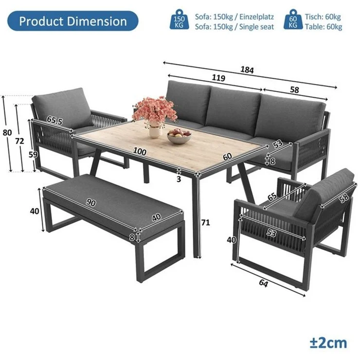 HAUSS SPOLE Gartenlounge-Set Outdoor Sofa Set 6 Sitzer Geflochtenes Seil Pflegeleichte Kissen Tisch, (Gartenmöbel Set Outdoor mit großem Esstisch), Hochwertigen Sitzkissen & Rückenkissen – Bild 4