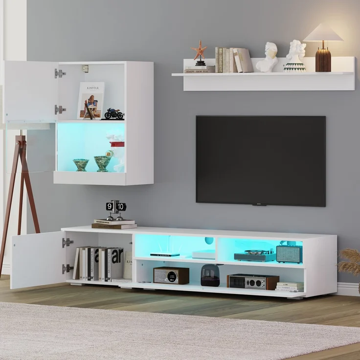 Wohnzimmermöbel 3 Set mit LED-Beleuchtung, TV Lowboard mit 2 offenen Fächern & 2 Türen,Wandschrank & Wandregal – Bild 3