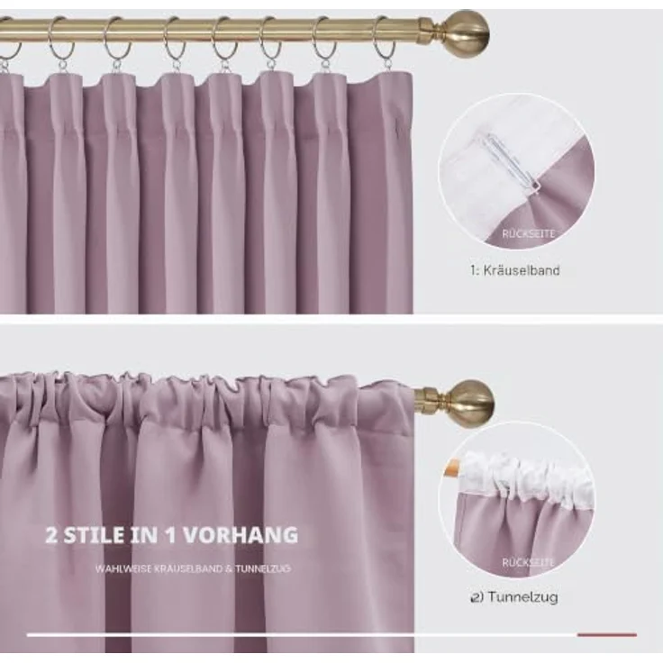Deconovo Hitzeschutz Kräuselband Blickdicht Vorhänge Thermogardine Hellpink | 2er Set, H 220 x B 140 cm, Deckenschiene Vorhang, Gardinen Wohnzimmer, Schlafzimmer Gardinen, Kinderzimmer Gardinen Mädchen – Bild 5