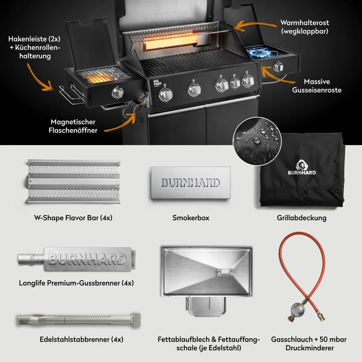BURNHARD® Big FRED Deluxe+ Gasgrill 4-Brenner, Gusseisenrost, Schwarz-Matt - Schwarz - #947147 – Bild 4