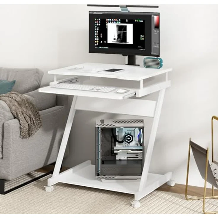 SogesHome Schreibtisch Klein Computertisch mit 4 Rollen 2 Davon mit Bremsen PC-Tisch in Z-Form mit Tastaturauszug für Zuhause und Büro, 60x48 cm – Bild 8