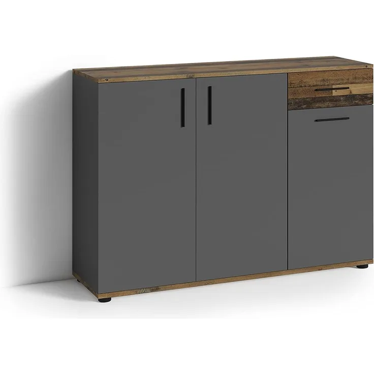 byLIVING Kommode JAKOB / 3-trg. mit 1 Schubkasten / braun in Old Wood Optik / Sideboard anthrazit / B 110, H 83,5, T35,5 cm