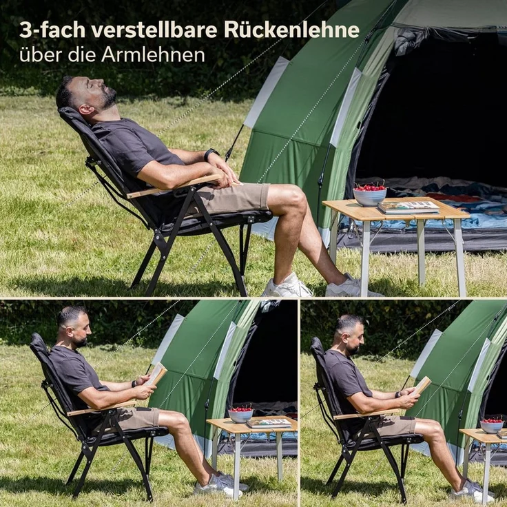 Skandika Campingstuhl Nojata, faltbar, 3-Fach verstellbare Rückenlehne, Tragetasche (Max. Benutzergewicht 120 kg, Material Armlehnen: Buchenholz), Sitzhöhe 43 cm, 5,2 kg leicht, Sitzfläche 50 x 50 cm, Anti-Rutsch-Füße – Bild 2