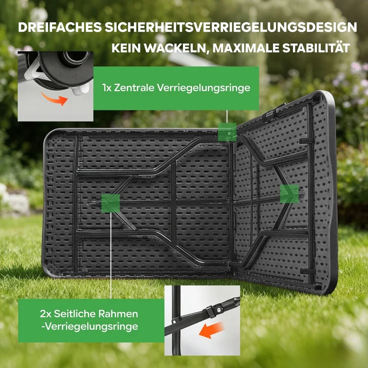 Eiryss Klapptisch 180cm Schwarz Rattan-Optik HDPE – Tragbarer Gartentisch mit 3 Sicherheitsverriegelungen, Camping & Picknick, 150kg – Bild 4