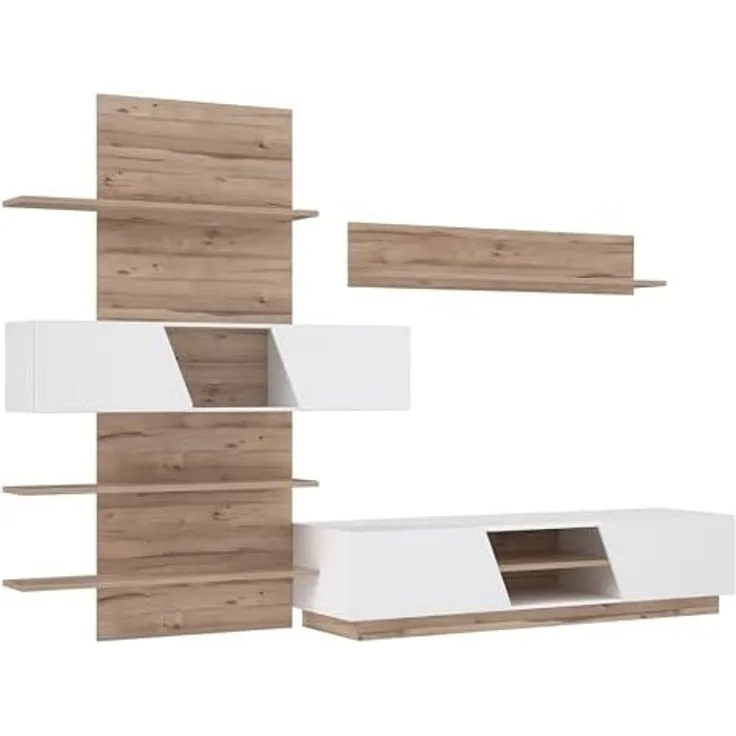 Forte HULON Wohnwand 290 300, Moderne Wohnwand mit 4 Türen, Schrankwand, Holzwerkstoff, Weiß/Stabeiche Holzwerkstoff/Weiß Hochglanz, 296 cm breit x 202,8 cm hoch x 51,8 cm tief