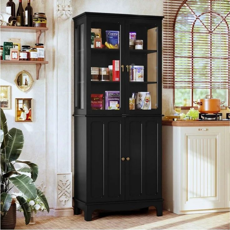 HOLTICO Hochschrank Freistehender küchenschränke mit Glastür, Glasküchenschrank, 183 cm (1-St) klassischer hoher Schrank mit Glastür und verstellbaren Regalen