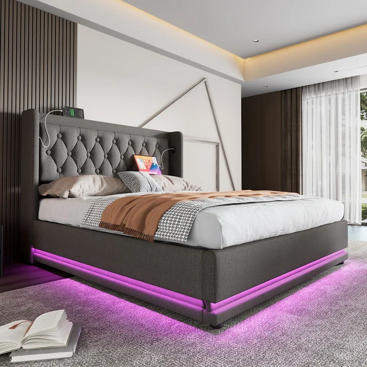 EINHOM Polsterbett Doppelbett 180 x 200 cm, Grau Baumwolle-Material Hydraulisches Stauraumbett, Gepolstertes Kopfteil mit USB Typ-C Ladefunktion, 3-Seitige LED-Funktion, (Ohne Matratze) – Bild 7