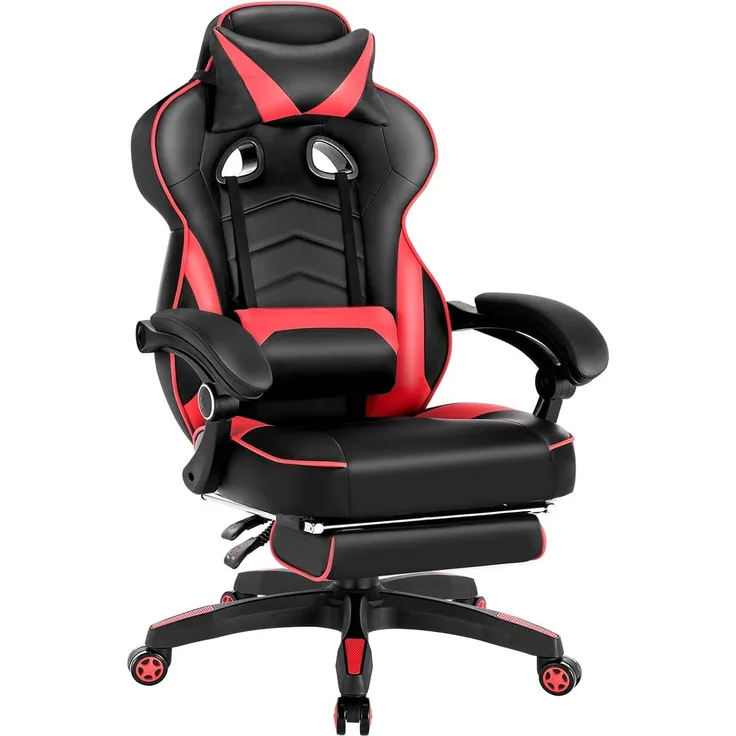 WOLTU Gaming Stuhl Racing Stuhl Bürostuhl Chefsessel Schreibtischstuhl Sportsitz mit Kopfstütze und Lendenkissen, mit Fußstütze, Kunstleder, höhenverstellbar, Rot, BS71rt