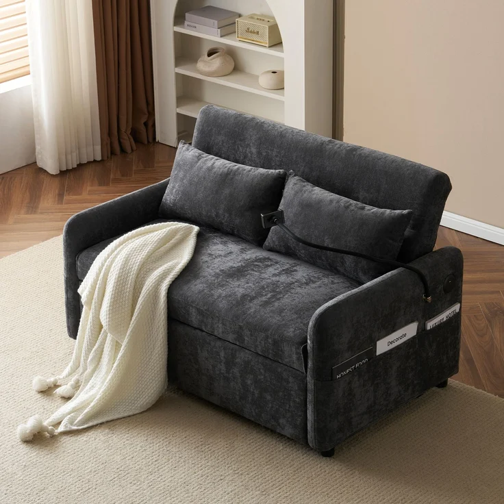 ZUBALIYA Schlafsofa 163x81 cm, mit USB - Anschluss, mit Ausziehbett, mit Chenille - Bezug, mit Samtbezug, mit Schaumstoffpolsterung, Weiß – Bild 6