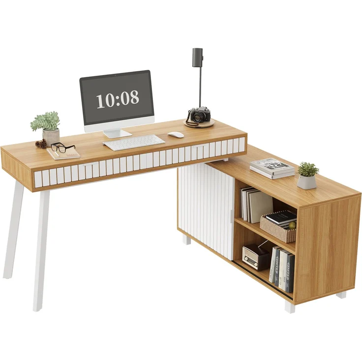 Flieks Schreibtisch, L-förmiger 160×120×76.5 cm, Eckschreibtisch mit 2 Schubladen & Schrank, MDF Bürotisch mit Stahlbeinen, Naturfarbe & Weiß – Bild 10