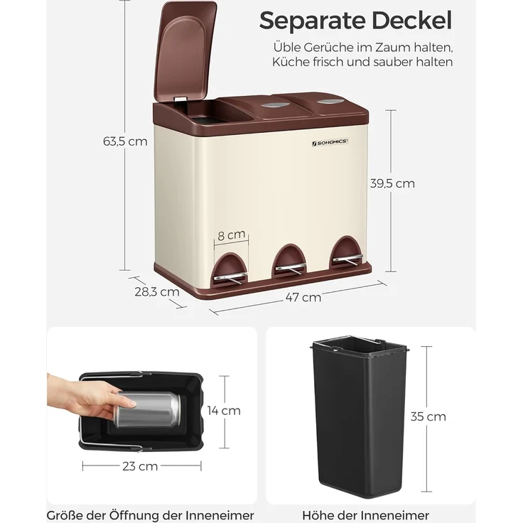 Songmics Mülleimer, Mülltrennsystem, aus Metall, 24 L, Küche – Bild 7