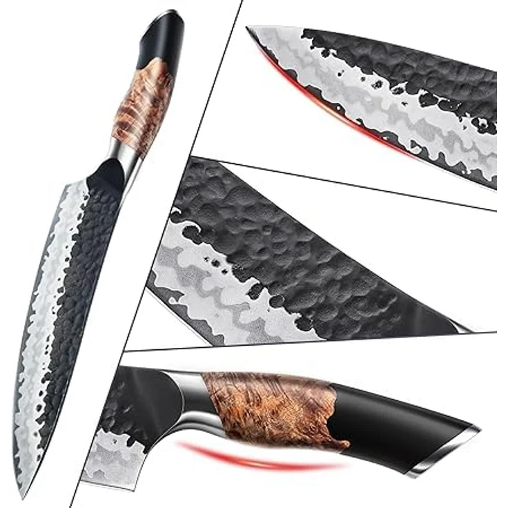 SHAN ZU Messerset 7 teilig, Japanisches Küchenmesser Set mit Block, 7 Schichten Hochwertigem Carbon Stahl Scharf Messerset für die Küche, Professionelles Kochmesserset mit Schärfer | 7 Lagen Carbonstahl & 10Cr15MoV-Stahlkern, Wetzstahl, Ahornholz-Griff... – Bild 5