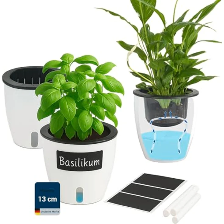 Maximex Selbstbewässernde Pflanztöpfe, 15-teiliges Set, Kräutertöpfe mit Wasserreservoir, automatische Bewässerung für Zimmerpflanzen, Ø 13x13,5 cm, Kunststoff – Bild 2