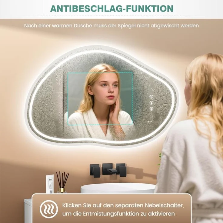 PESENXAN LED Badezimmerspiegel 80x53 cm, rechteckiger Wandspiegel mit Beleuchtung, 3 Lichtfarben, dimmbar, Touch-Schalter, Memory-Funktion, IP44, Schwarz – Bild 3