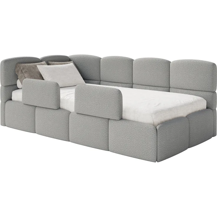 Selsey 'Cloudy' Kinderbett 120x200, Kopfteil links, Matratze & Bettkasten, Bouclé Grau