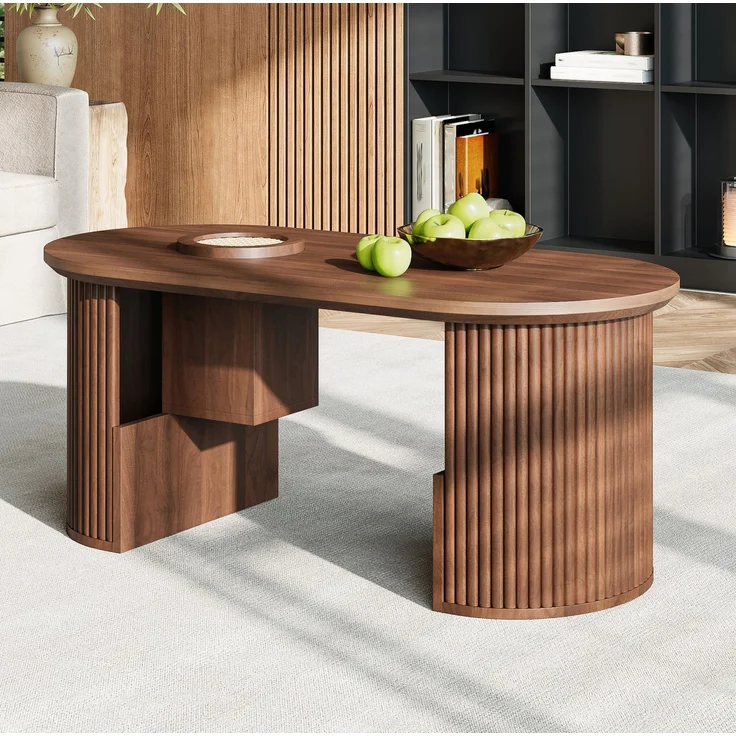 Ovaler Couchtisch aus MDF mit Ablagefächern, 105x50x46,5 cm, Walnuss – Bild 4