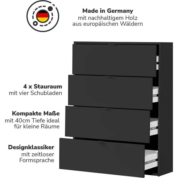 mokebo Sideboard Die Stilvolle (mit 4 Schubladen), Nachttisch, Highboard, Anrichte oder Kommode in Schwarz – Bild 2