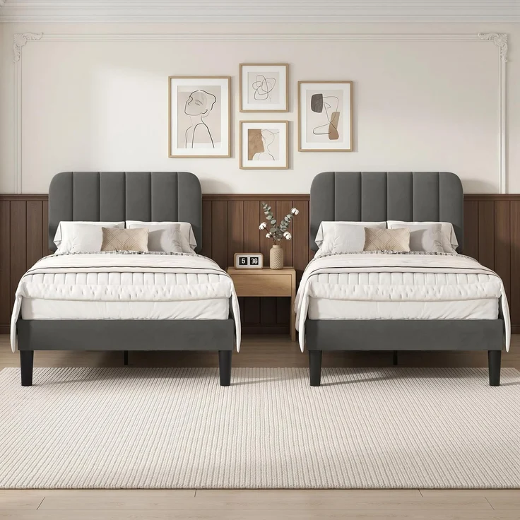 VECELO 2er-Set Polsterbett 90x200 cm – Samtbezug, Einzelbett Bettgestell mit Lattenrost aus Massivholz, Einfache Montage, Ideal für Jugendzimmer, Grau